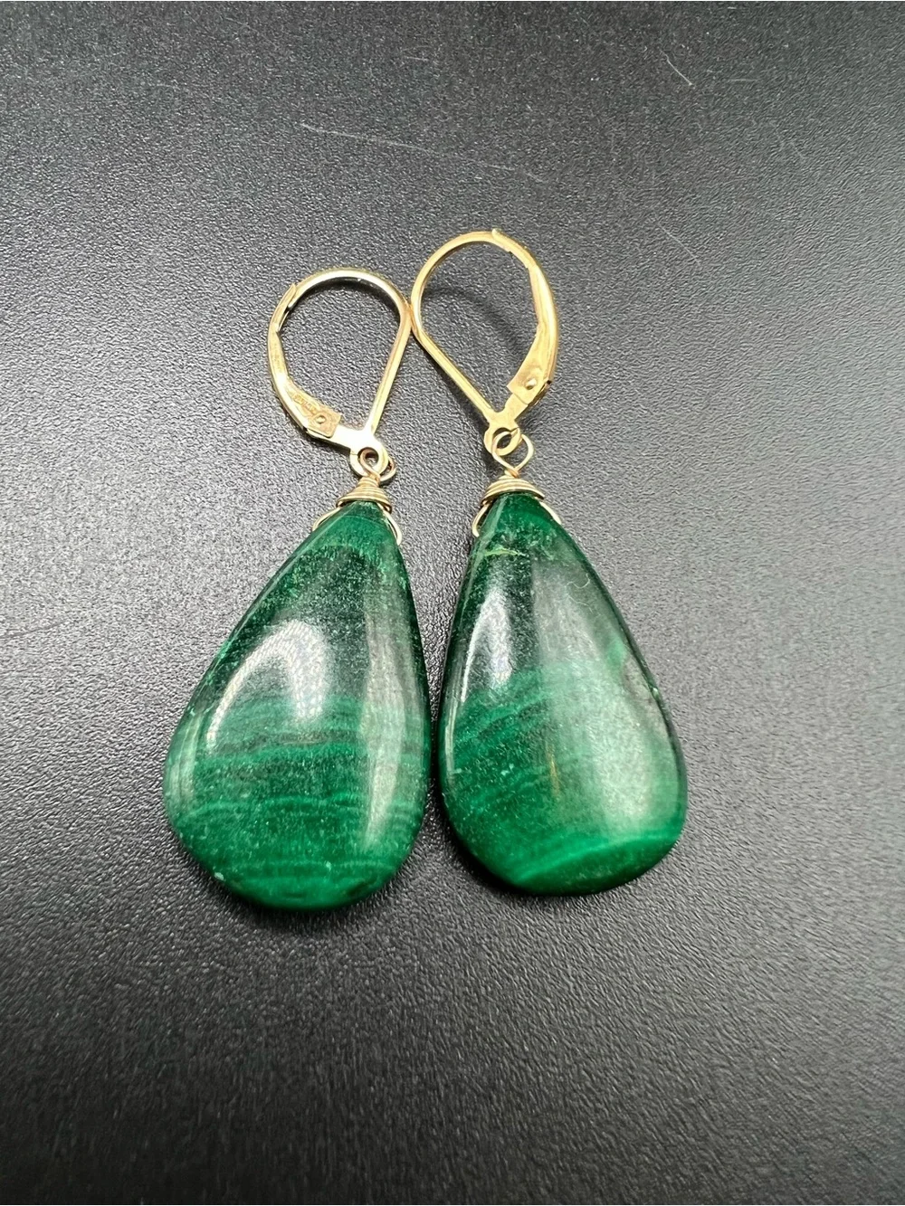 14K GOLD FILLED NATURAL MALACHITE TEARDROP DANGLE EARRINGS Handmade